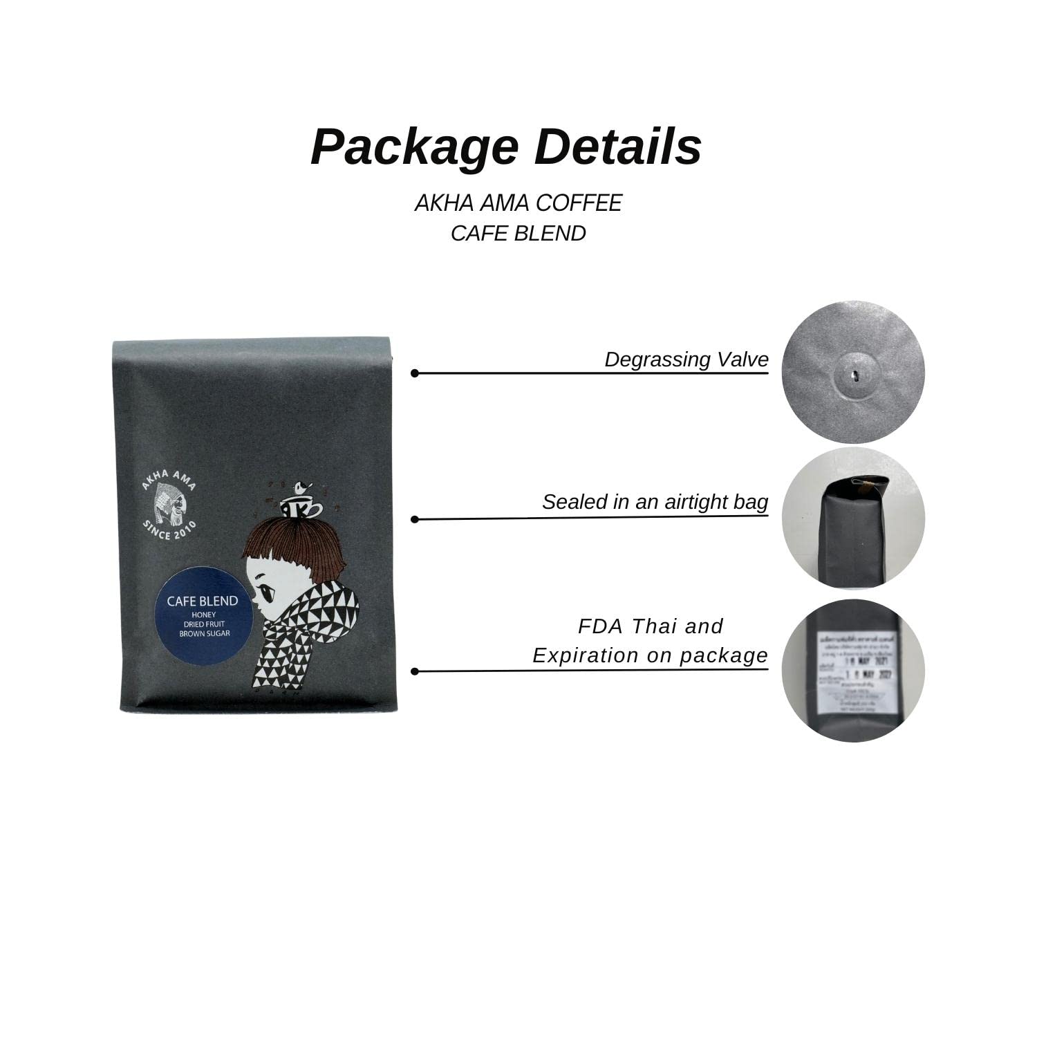Akha Ama Whole Coffee Beans, Light and Medium Roast, 250 grams (8.8oz.) - Cafe Blend, Flavor Notes of Honey, Dried Fruit, Brown Sugar, 100% Arabica