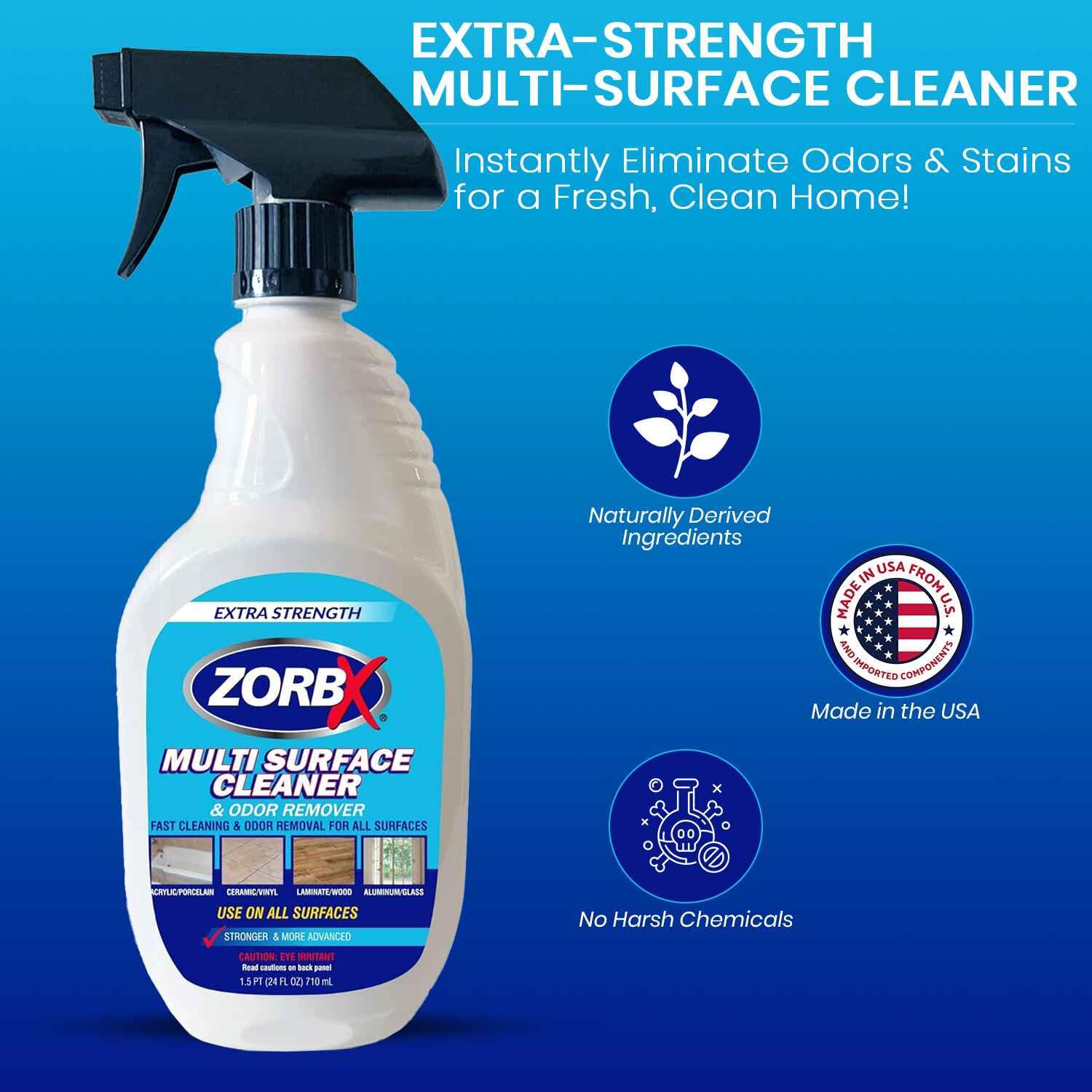 ZORBX Extra-Strength Multi Surface Cleaner 24 oz - Get Rid of Unpleasant Odors and Unwanted Stains Instantly - Citrus Scented Fast-acting Furniture