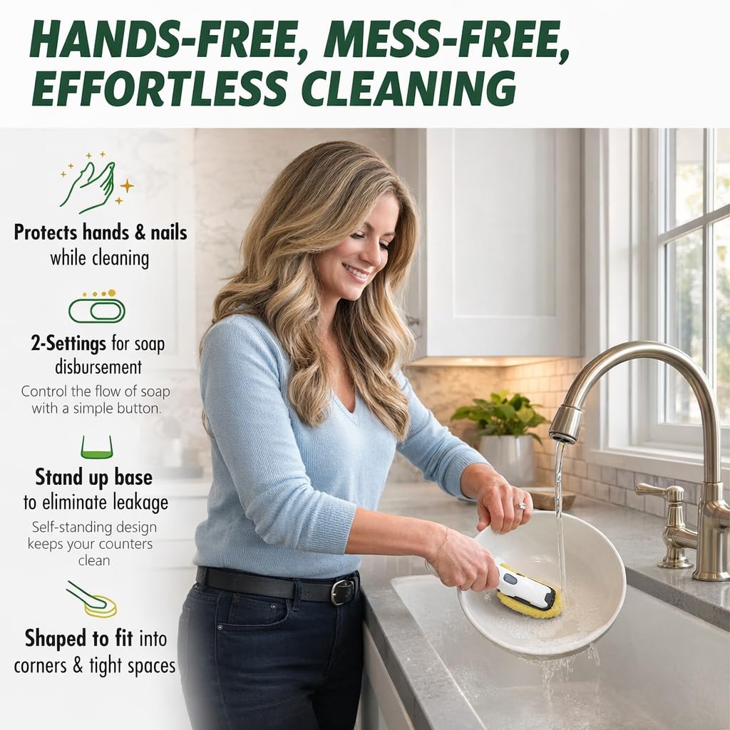LIBMAN Dishmatic® Dish Wand - Soap Dispensing Dish Brush with Soap Dispenser - Cleaning Scrub Brush with Handle - Refillable Dish Scrubber for Washing