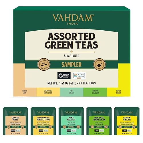 VAHDAM, Assorted Green Tea Bags Sampler (5 Flavors, 20 Ecofriendly Pyramid Tea bags) I Gift Ideas for Women & Men | Himalayan Green Tea Varieties |