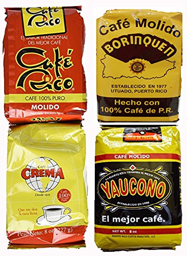 Puerto Rican Variety Pack Ground Coffee - 4 Local Favorites in 8 Ounce Bags (Borinquen, Rico, Yaucono and Crema) Includes Two Envelopes Of Sason