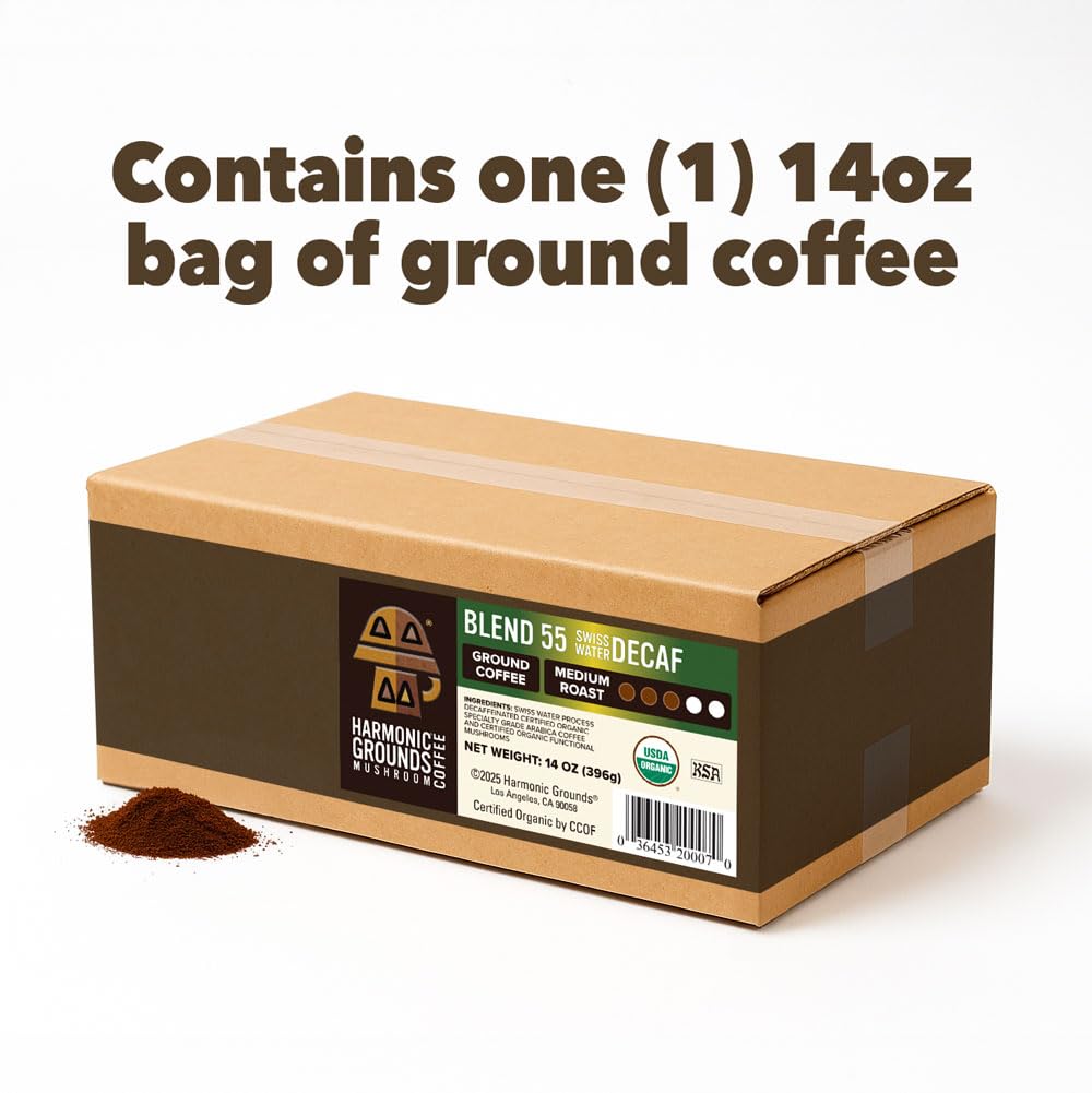 Harmonic Grounds Swiss Water Decaf | Organic Medium Roast Ground Coffee with Functional Mushrooms | Lion’s Mane, Reishi, Chaga, Cordyceps, Turkey Tail