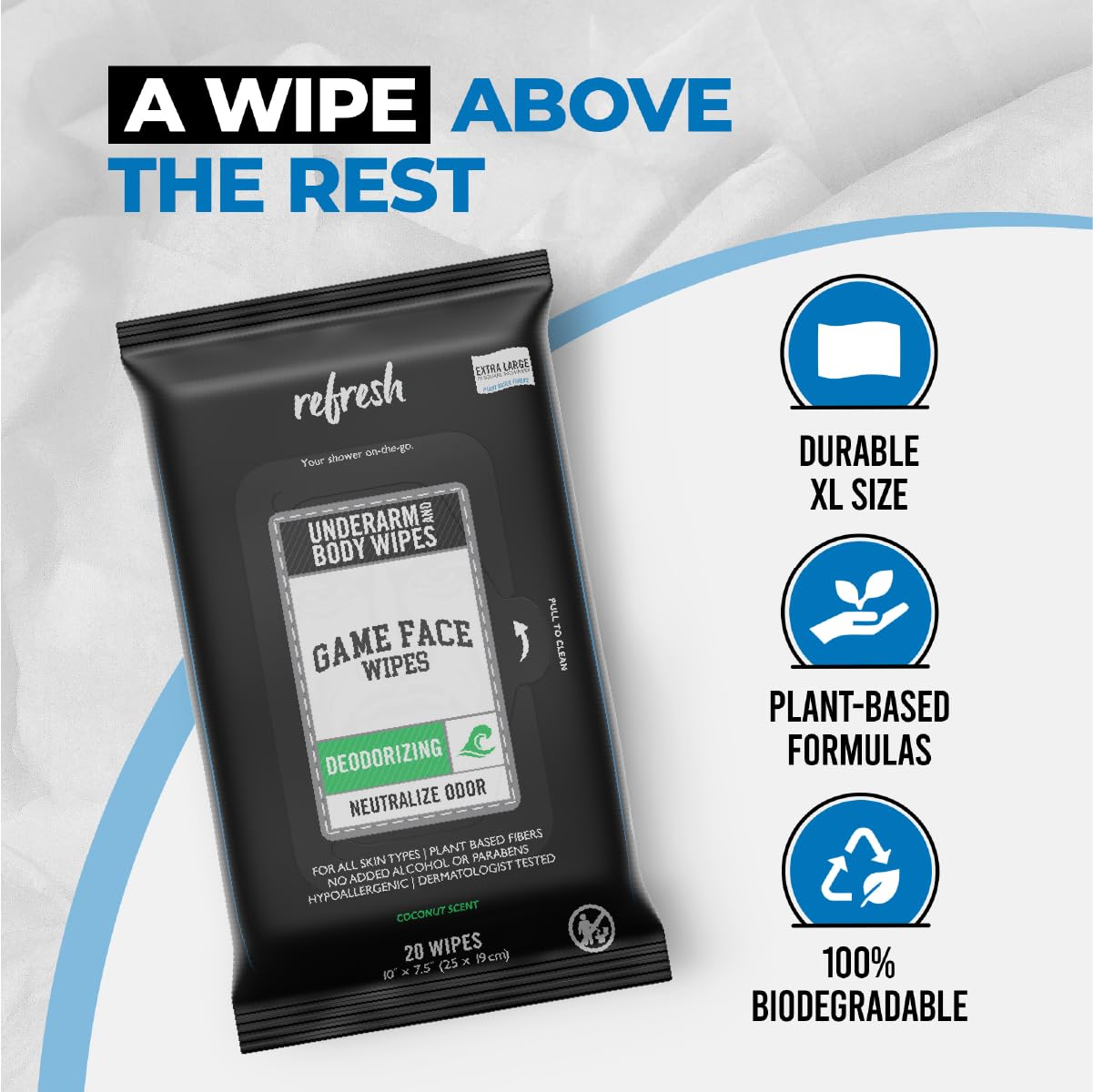 Game Face Deodorizing Body Wipes 25 Count Extra Large Size Compostable Cloth Naturally Formulated Hydrating, Refreshing, and Odor Neutralizing Wipes