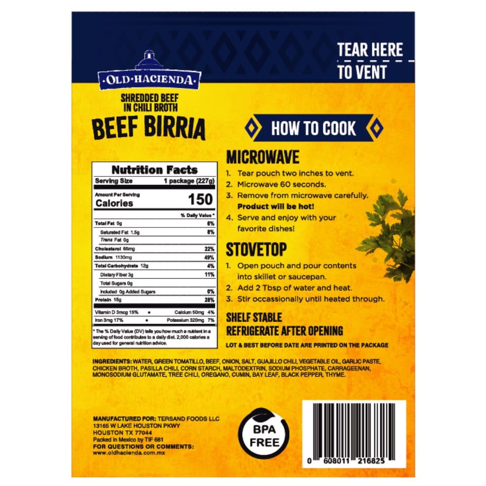 Old Hacienda Beef Birria | 100% Shredded Beef in Chili Broth | Fully Cooked & Ready to Eat | 15g Protein | No Preservatives, Artificial Flavors or