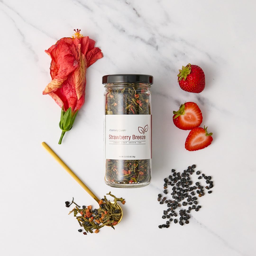 Strawberry Loose Leaf Green Tea, Pure Natural Herbal Tea Blend with Elderberry and Hibiscus (2 ounce)