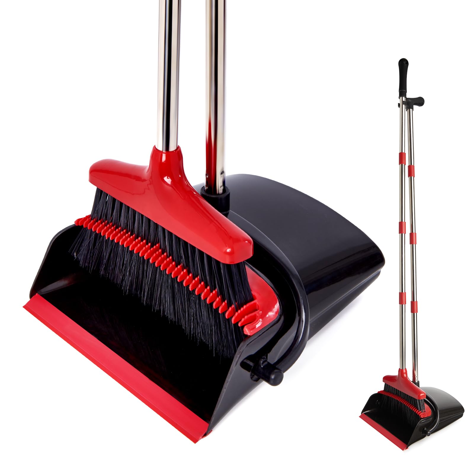 XXFLOWER Broom and Dustpan Set with Long Handle, Light Weight Stainless Steel Poles Stand Upright Dustpans with Broom Combo for Home Kitchen Office