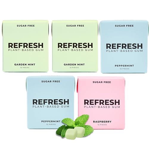 Refresh Gum, Xylitol, Natural, Sugar Free, Chewing Gum, Plastic Free, Natural Flavors & Organic Ingredients, Non GMO, Gluten Free, Vegan, 12 Count