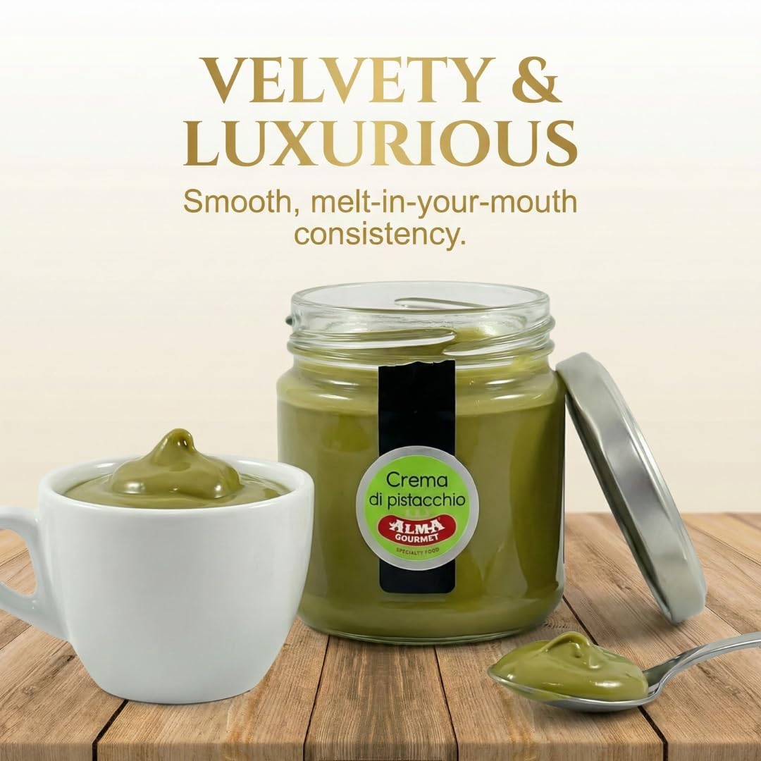 Alma Gourmet Sicilian Pistachio Cream from Bronte - Premium Pistachio Spread Ideal For Spreading, Topping, Filling, Mixing and Baking - Smooth