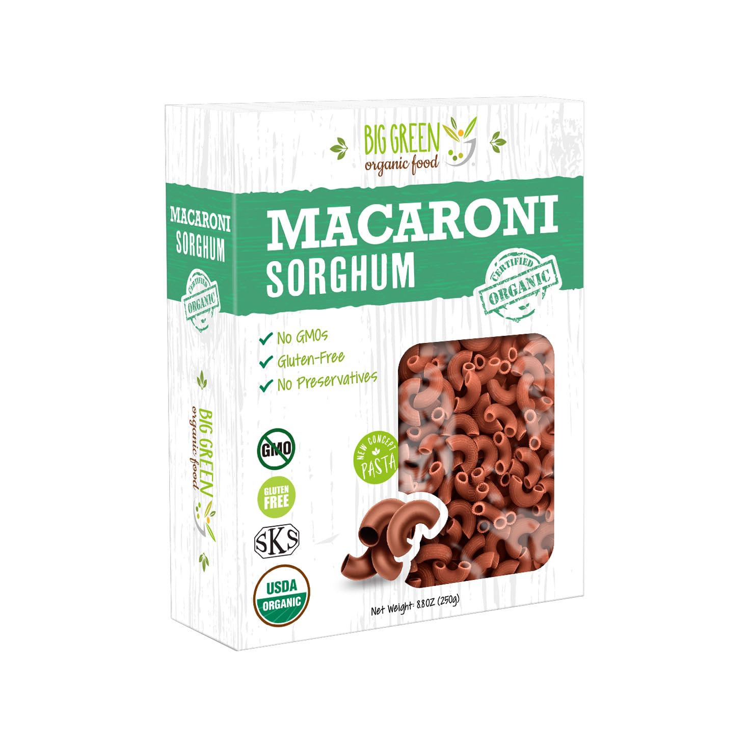 Big Green Organic Food- Organic Sorghum Macaroni, 8.8oz, Gluten-Free, Non-GMO, Vegan (1)