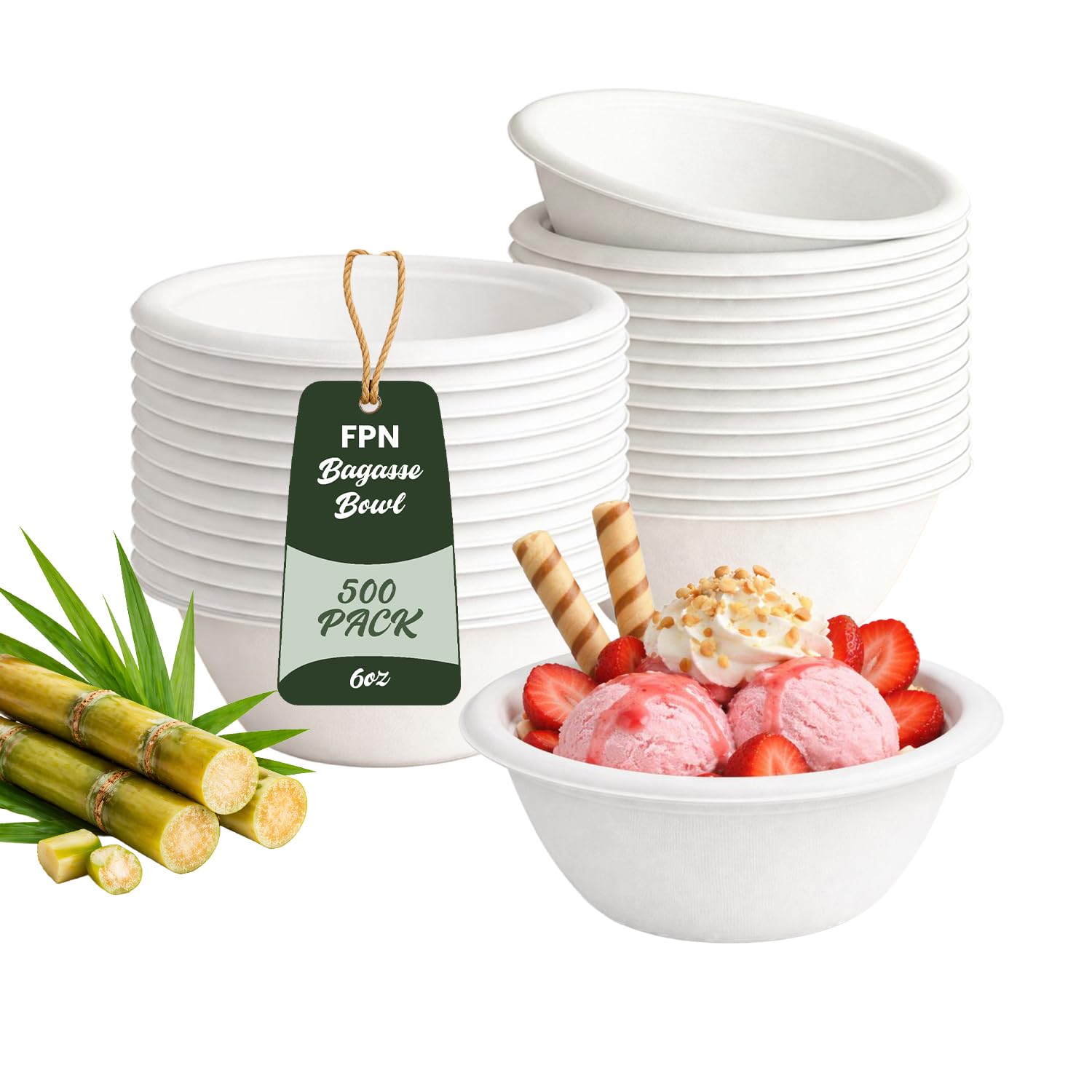 FPN Disposable Compostable Paper Bowls, 200 Pack 6 oz, Heavy-Duty Biodegradable Sugarcane Bowls - Eco-Friendly, Bagasse Bowl for Soup, Salad, Dessert