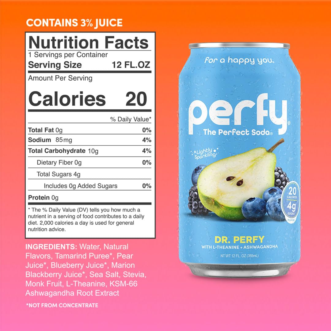 PERFY Nootropic Calm Soft Soda Drink Variety Pack | 4 Flavors: Dr. Perfy, Blood Orange Yuzu, Tropical Citrus, Fruit Punch (12oz Cans) | L-Theanine +