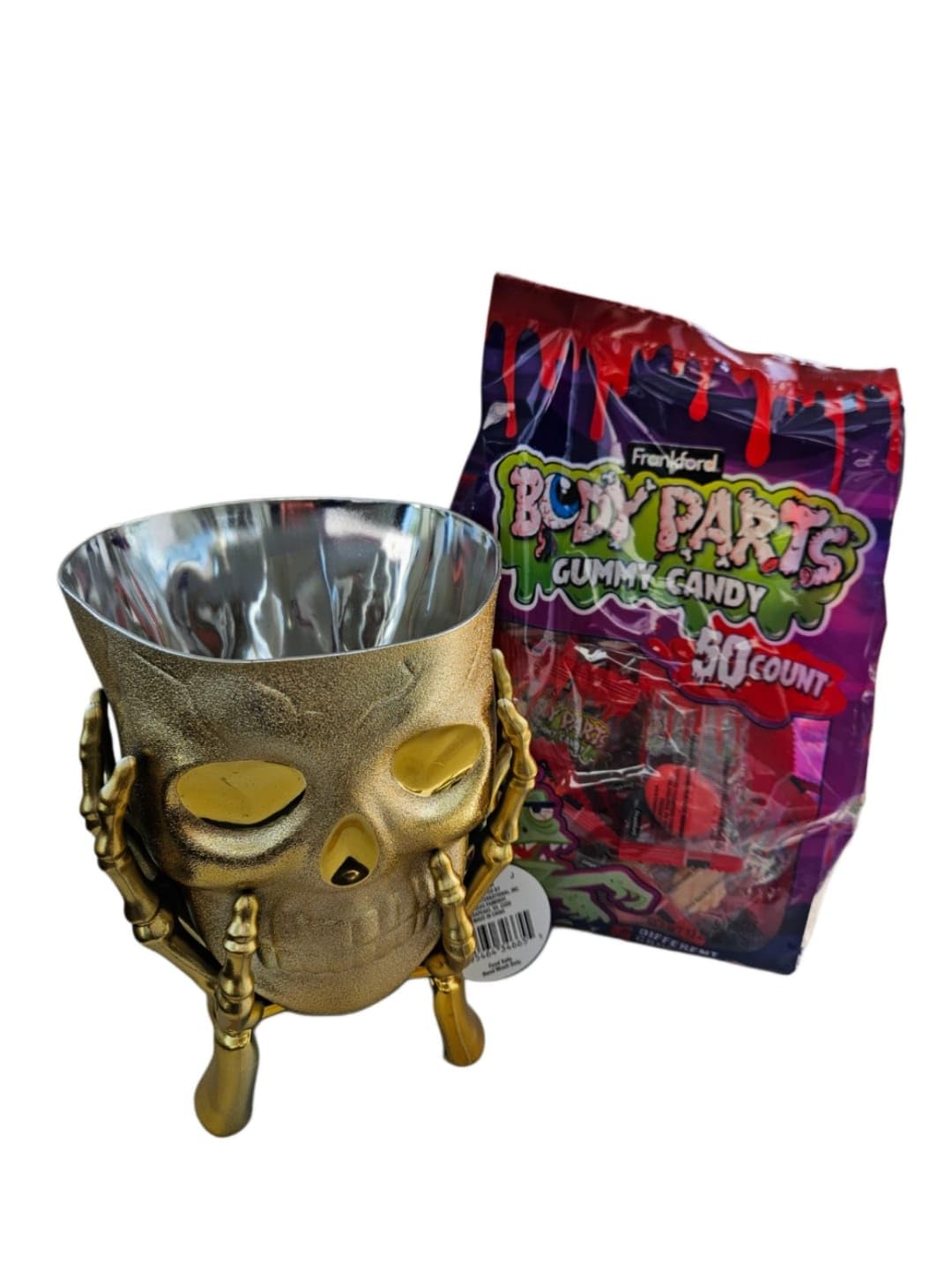 Skull in Hands Snack Bowl with Assorted Halloween Gummy Body Parts, 50 Pieces (Gold Skull)
