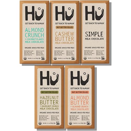 Hu Chocolate Milk Chocolate Bars Variety Pack, 5 Count (Simple, Hazelnut Butter & Hazelnut Crunch, Almond Crunch Coconut Flakes, Almond Crunch