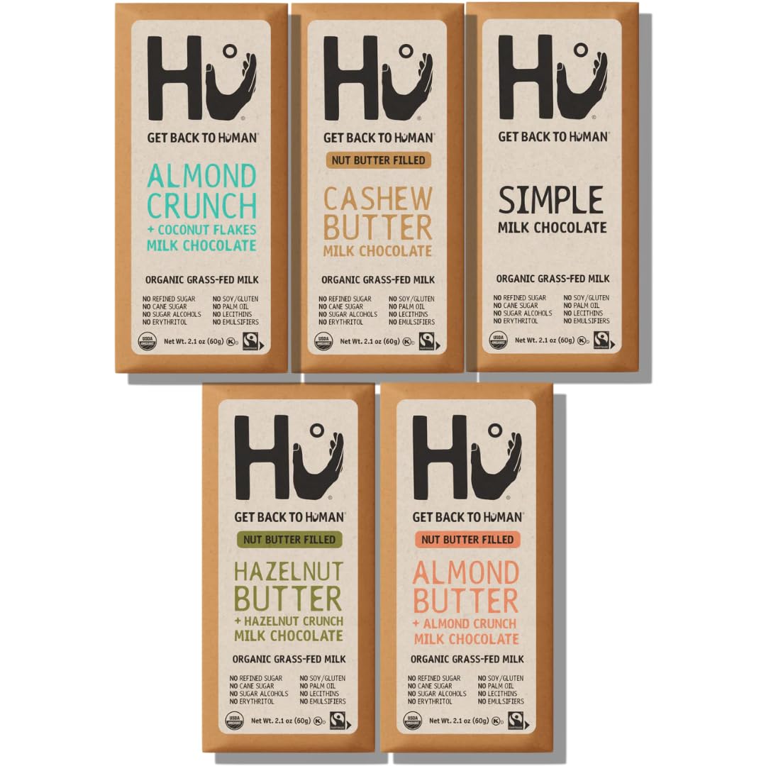 Hu Chocolate Milk Chocolate Bars Variety Pack, 5 Count (Simple, Hazelnut Butter & Hazelnut Crunch, Almond Crunch Coconut Flakes, Almond Crunch