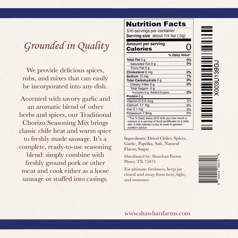 Traditional Chorizo Sausage Seasoning, Mexican Style, Shawhan Farms, 9 oz