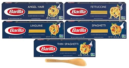 Barilla Pasta, Angel Hair, Fettuccine, Linguine, Spaghetti, and Thin Spaghetti 16 Ounce (Pack of 5) - with Make Your Day Mini Spatula