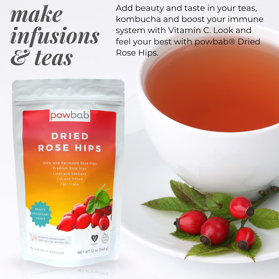 powbab Dried Rose Hips - 100% Organic Wild Rosehip Cut & Sifted. Premium Rosa Rubiginosa. Bulk Seedless Whole Dried Organic for Rose Hip Tea. No Added