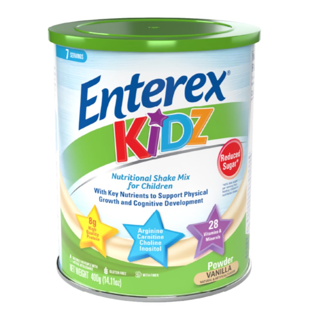 Enterex Kidz Nutritional Shake Mix for Kids - Vanilla | 8g Protein, Reduced Sugar, 28 Vitamins & Minerals | Gluten Free, with Fiber | 400g (7