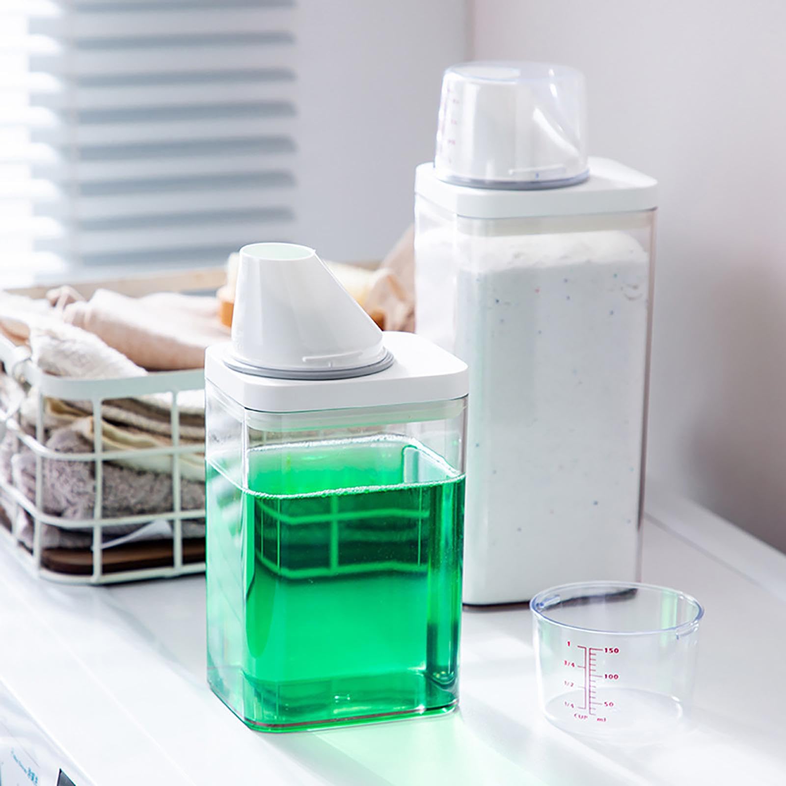 Laundry Detergent Dispenser | Washing Powder Dispenser with Measuring Cup,Reusable Empty Bottles Laundry Washing Up Powder Container Soap Detergents