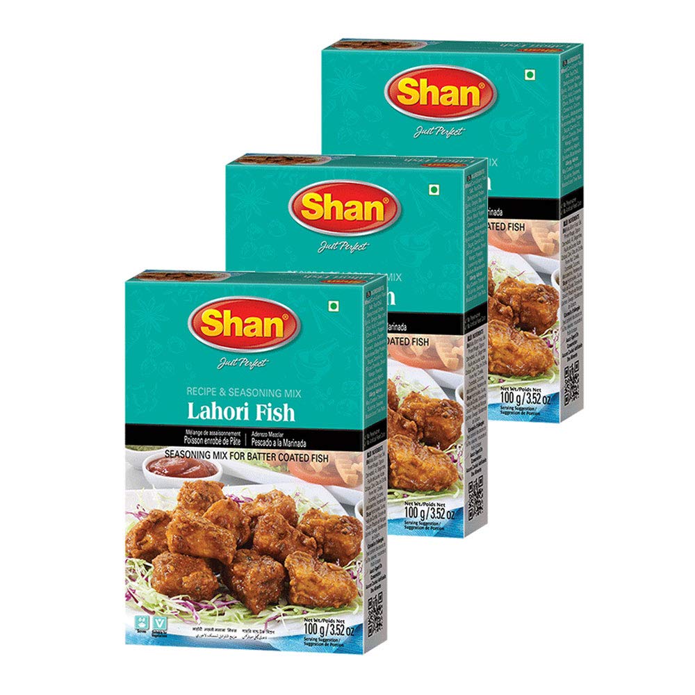 Shan Lahori Fish Recipe and Seasoning Mix 3.5 oz (100g) - Spice Powder for Batter Coated Fried Fish - Suitable for Vegetarians - Airtight Bag in a Box