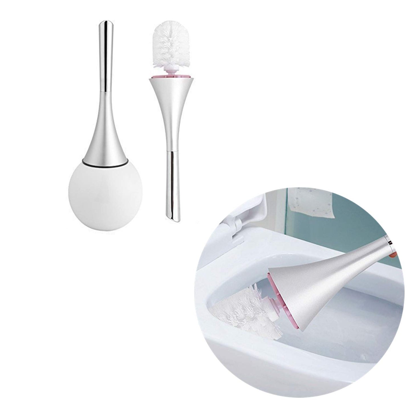 Toilet Bowl Brush and Holder, Creative Toilet Brush Set with Stainless Steel Base (White)