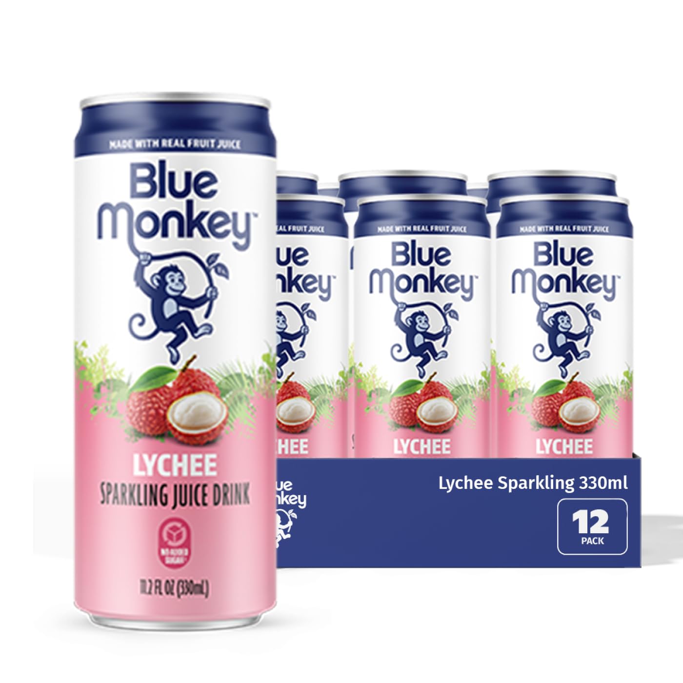 Blue Monkey Sparkling Lychee Juice - Real Fruit Juice, No Sugar Added, All Natural, Lightly Carbonated, Halal Certified - Refreshing Tropical