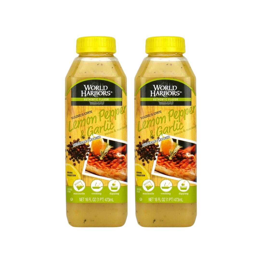 World Harbors Lemon Pepper Garlic Sauce & Marinade, Made in Maine, Ideal for Chicken Wings, Seafood, Grilled Meats, Salads, Stir-Fries, Sandwiches