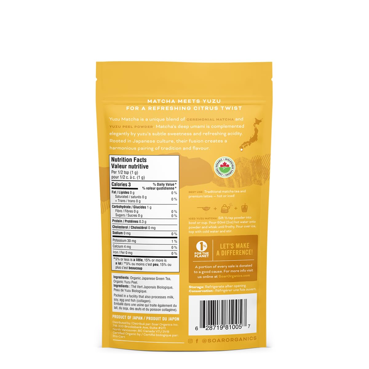 Soar Organics - Yuzu Matcha Green Tea Powder - Ceremonial Matcha & Yuzu Peel Powder Blend (1.76 oz)