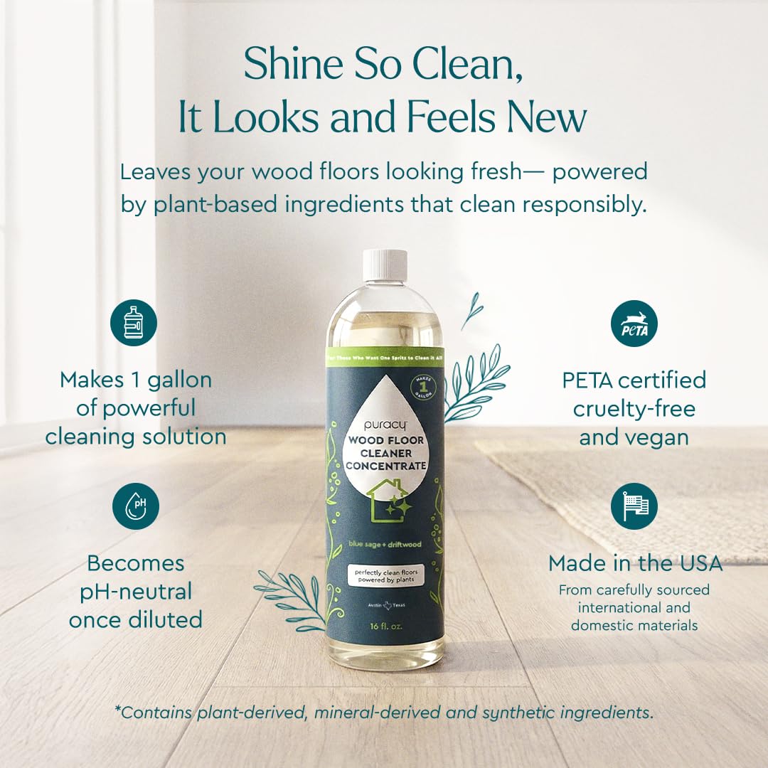 Puracy Wood Floor Cleaner Concentrate - pH Neutral Plant-Powered Hardwood All Purpose Cleaner - Residue-Free Non-Sticky Cleaning Solution As Seen on