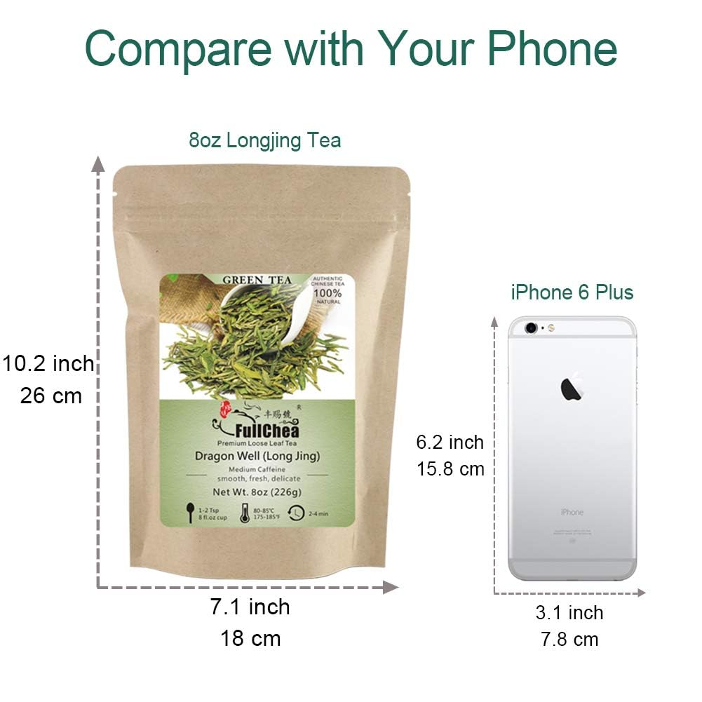 FullChea - Longjing Tea - Dragonwell Tea - Chinese Green Tea Loose Leaf - First Grade - Natural Lung Ching Dragon Well - 8oz / 226g