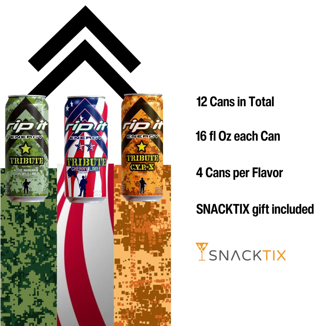 Rip It Energy Drink Variety Pack - 12 Cans of 16 fl oz Each - Assorted Flavors for an Energy Rush - with Snacktix Coaster Included (TRIBUTE)
