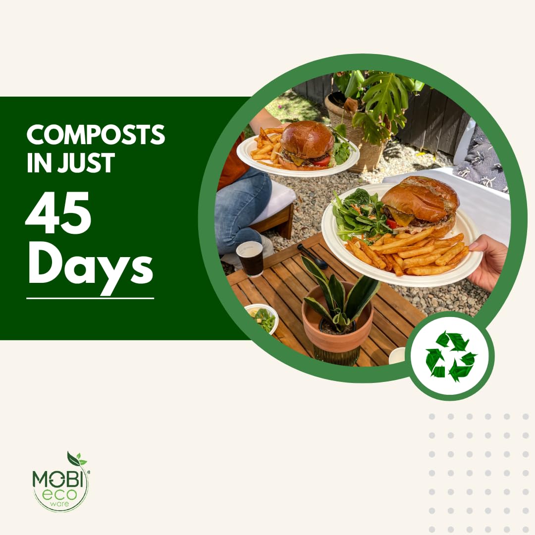 MOBI Ecoware Paper Plates, 100% Compostable-[10 Inch by 0.5" deep]-Heavy Duty Disposable Plate - (BPI Certified) - (PFAS-Free) - Eco-Friendly