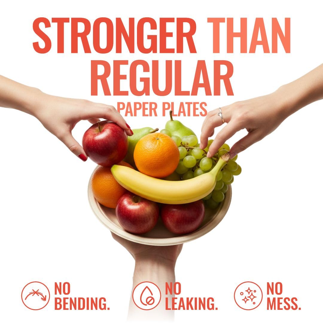 Compostable Plates 8.86 Inch, 125 Pack Heavy Duty, Leak Proof, Microwave Safe Bagasse Plates, Extra Sturdy, Oil Resistant, Eco Friendly Disposable