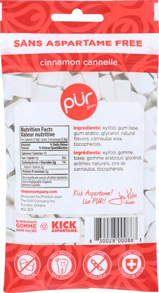 Pur Gum Cinnamon Gum, 80 Gram - 57 pieces per pack - 12 packs per case.