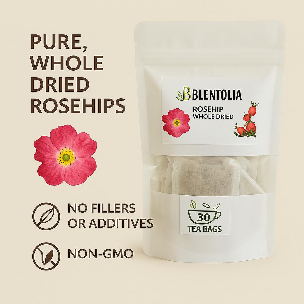Blentolia Rosehip Tea - Whole Dried Rosehip in Tea Bags - Rich in Vitamin C & Antioxidants - Immune Support Herbal Tea - 30 Tea Bags
