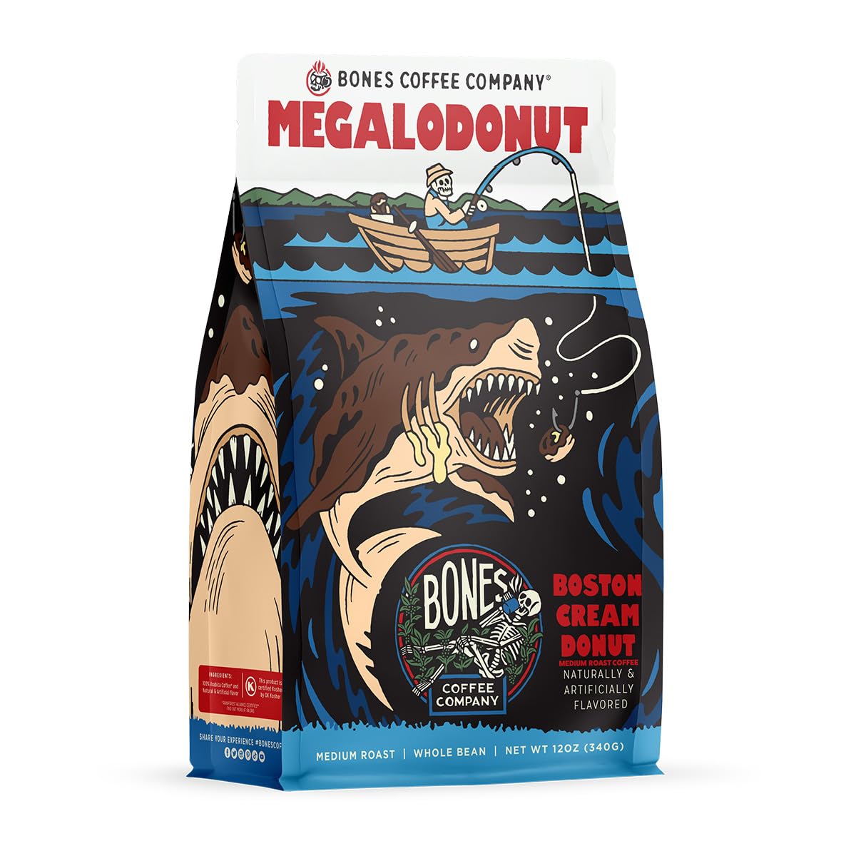 Bones Coffee Company Megalodonut, Boston Cream Donut Flavored Coffee, Medium Roast Low Acid Arabica Beans Compatible with Auto drip and French Press