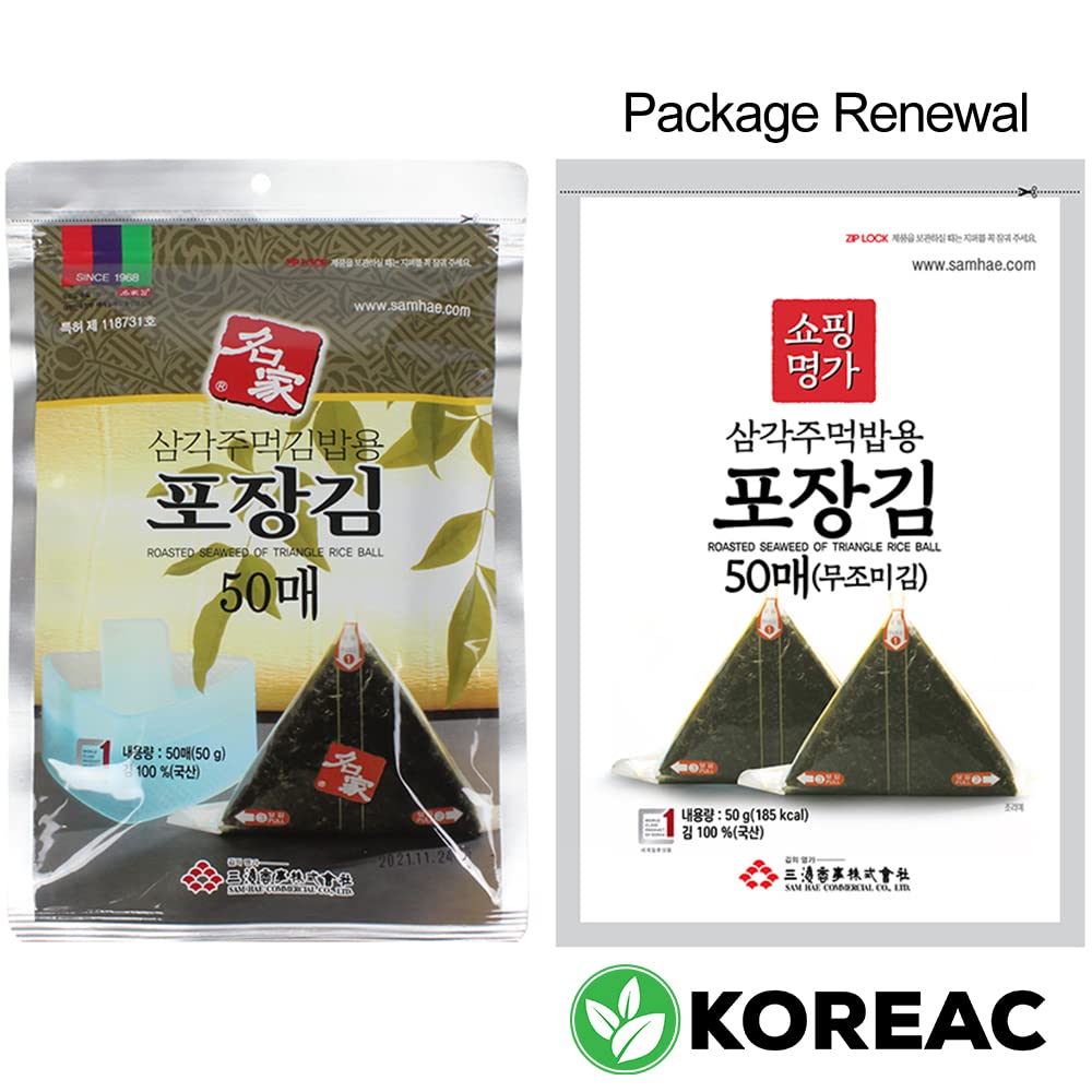 KOREAC_ [50 Sheets] Seaweed Wrappers for Triangular Onigiri Rice Ball (50sheets), Korean laver (Gim)_Made in Korea