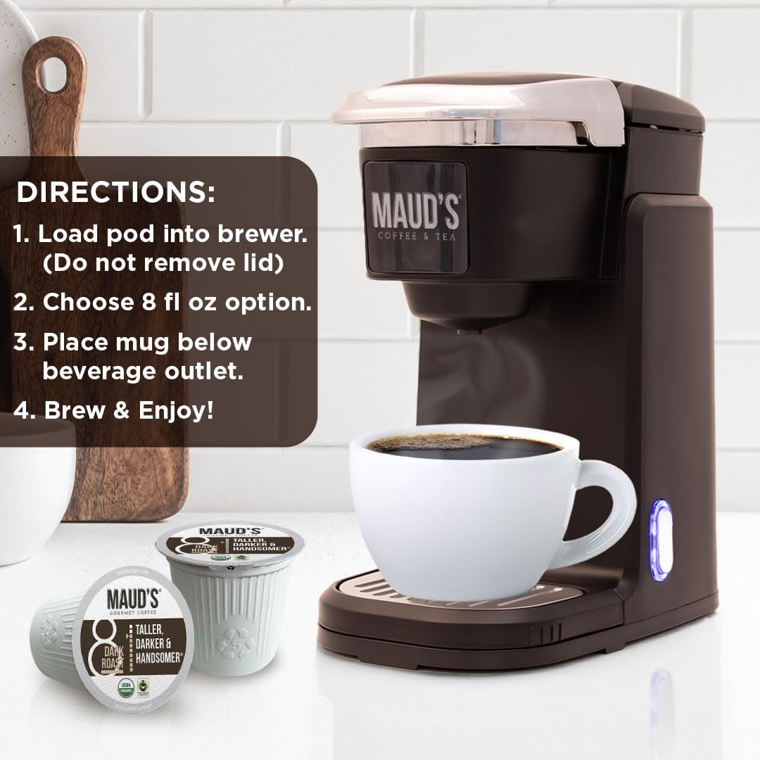 Maud's Organic Dark Roast Coffee Pods, 50 ct, Fair Trade & Single Origin Single Serve Pods - 100% Arabica Coffee, Compatible with Keurig K Cups Maker