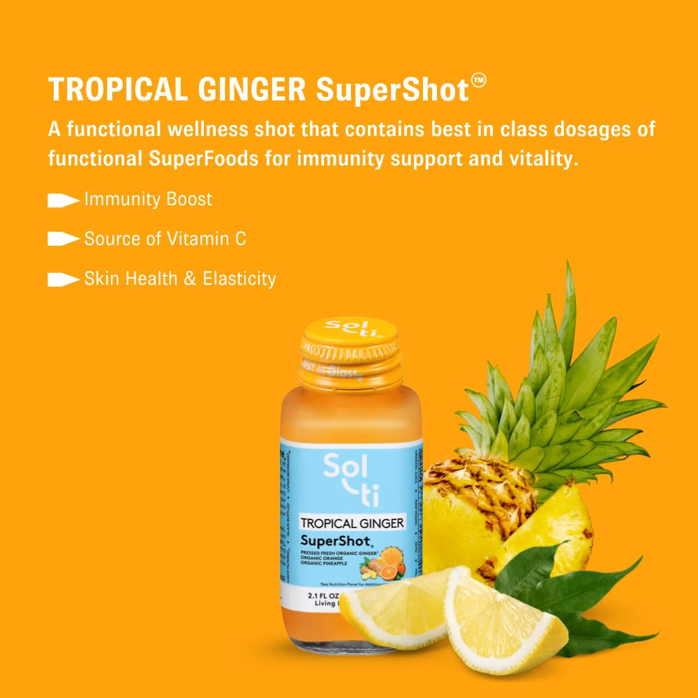 Sol-ti Organic Tropical Ginger SuperShot Drink, Aids in Collagen Production and Promotes Skin Elasticity, SuperFood, Cold-Pressed Fruit Juice Blend