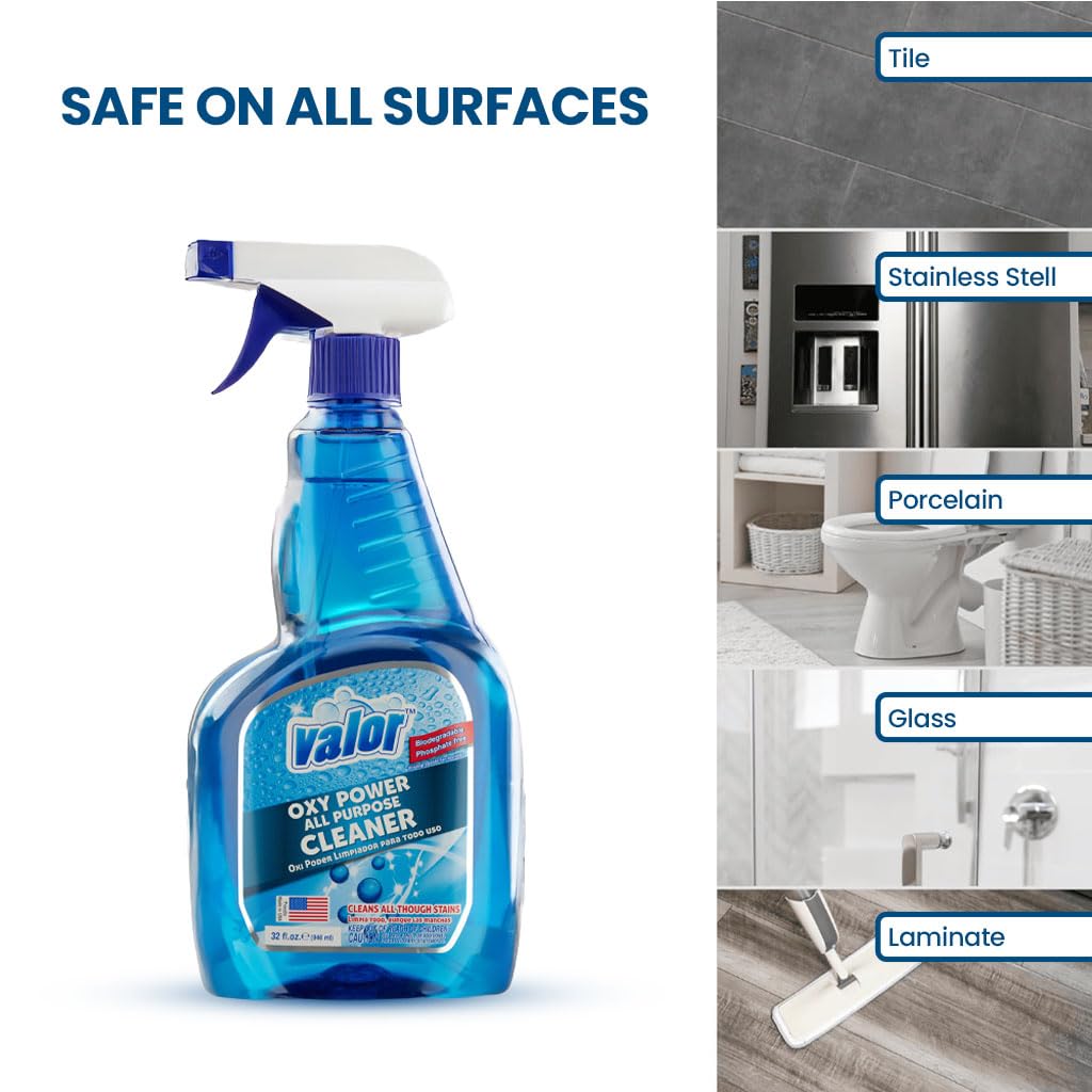 Valor Multi-Purpose Cleaner Trigger Sprayer, 32 fl oz - Oxygen-Powered Cleaning, Stain-Lifting Action, No-Rinse, Made in USA (32 Fl Oz (Pack of 1))
