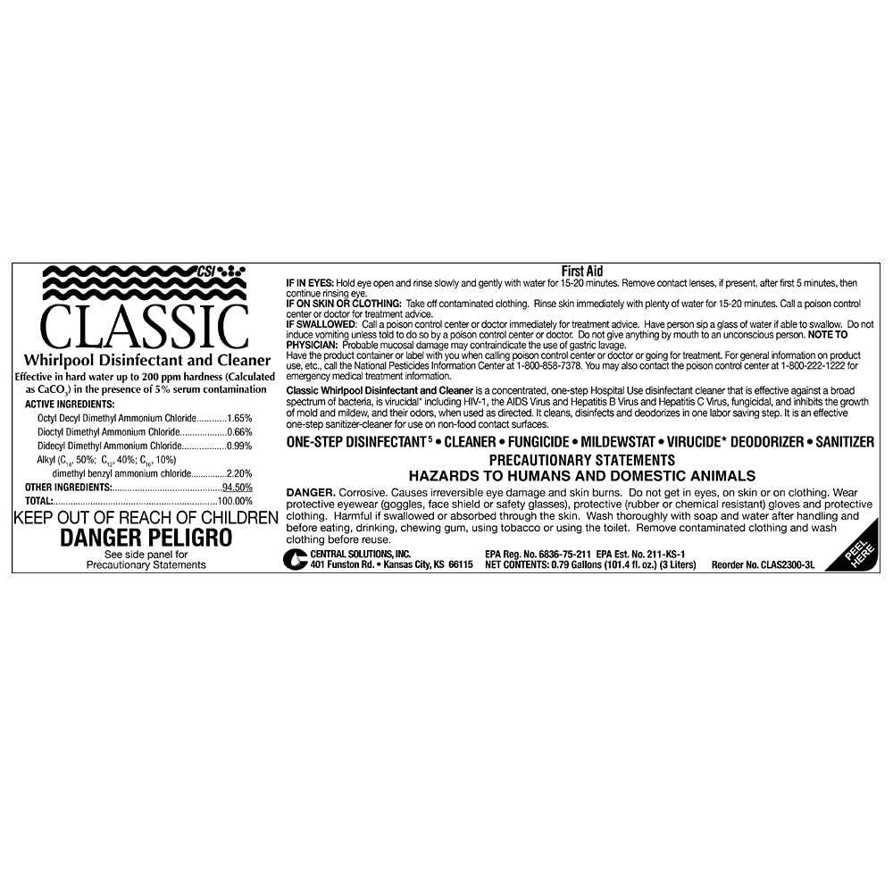 CSI Classic Hospital and Nursing Home Whirlpool Disinfectant and Cleaner Concentrate to Deodorize and Kill Bacteria, Viruses, Fungus, Mold