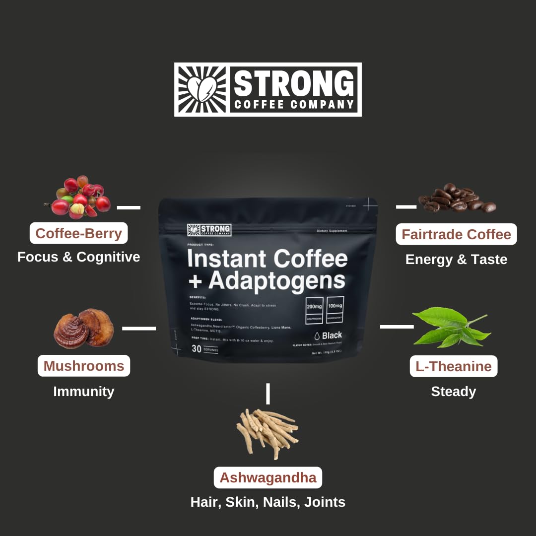 Strong Coffee Co. Instant Black Coffee | Premium Organic Coffee with Nootropics & Adaptogens, NeuroFactor®, L-Theanine, Ashwagandha, Reishi & MCT Oil