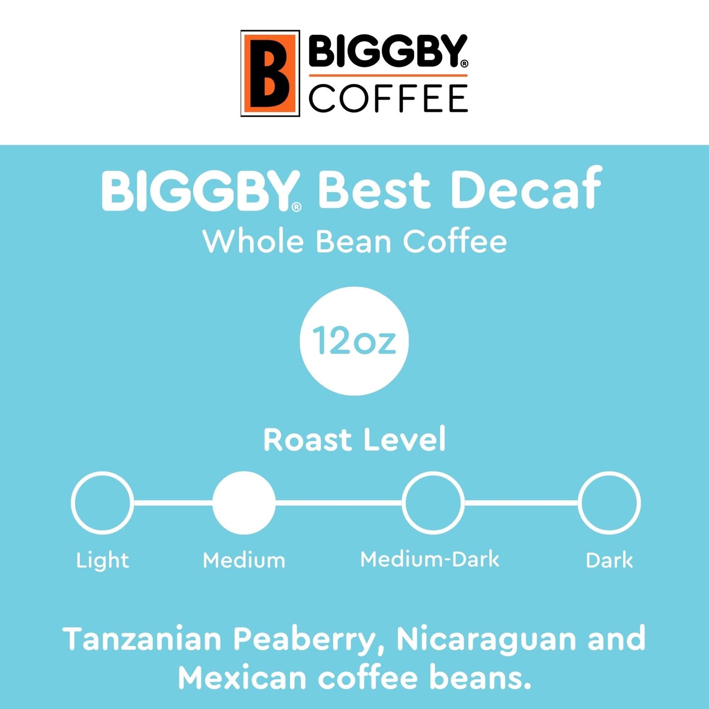 BIGGBY Best Decaf, Whole Bean Coffee, 12 oz Bag, Medium Roasted