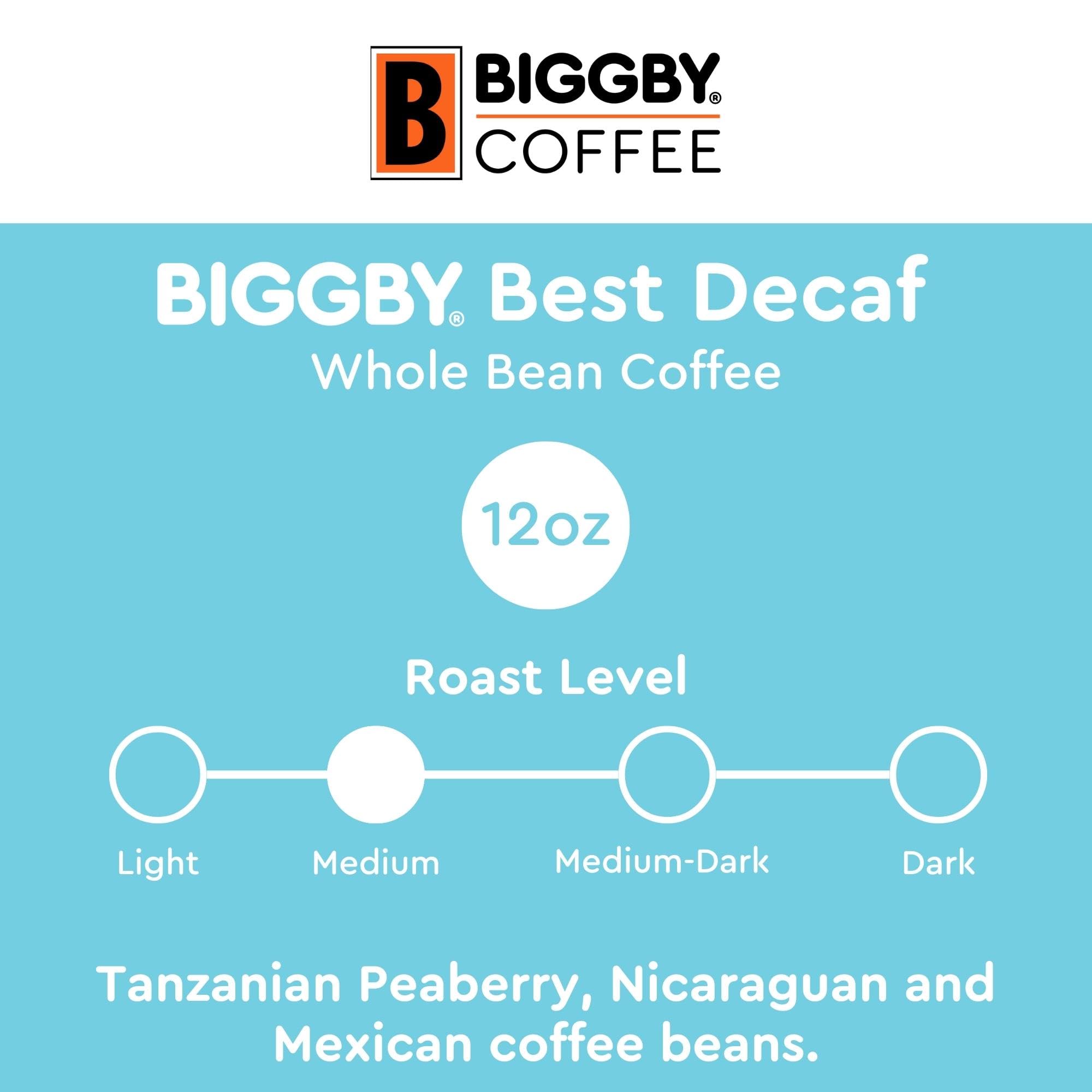 BIGGBY Best Decaf, Whole Bean Coffee, 12 oz Bag, Medium Roasted