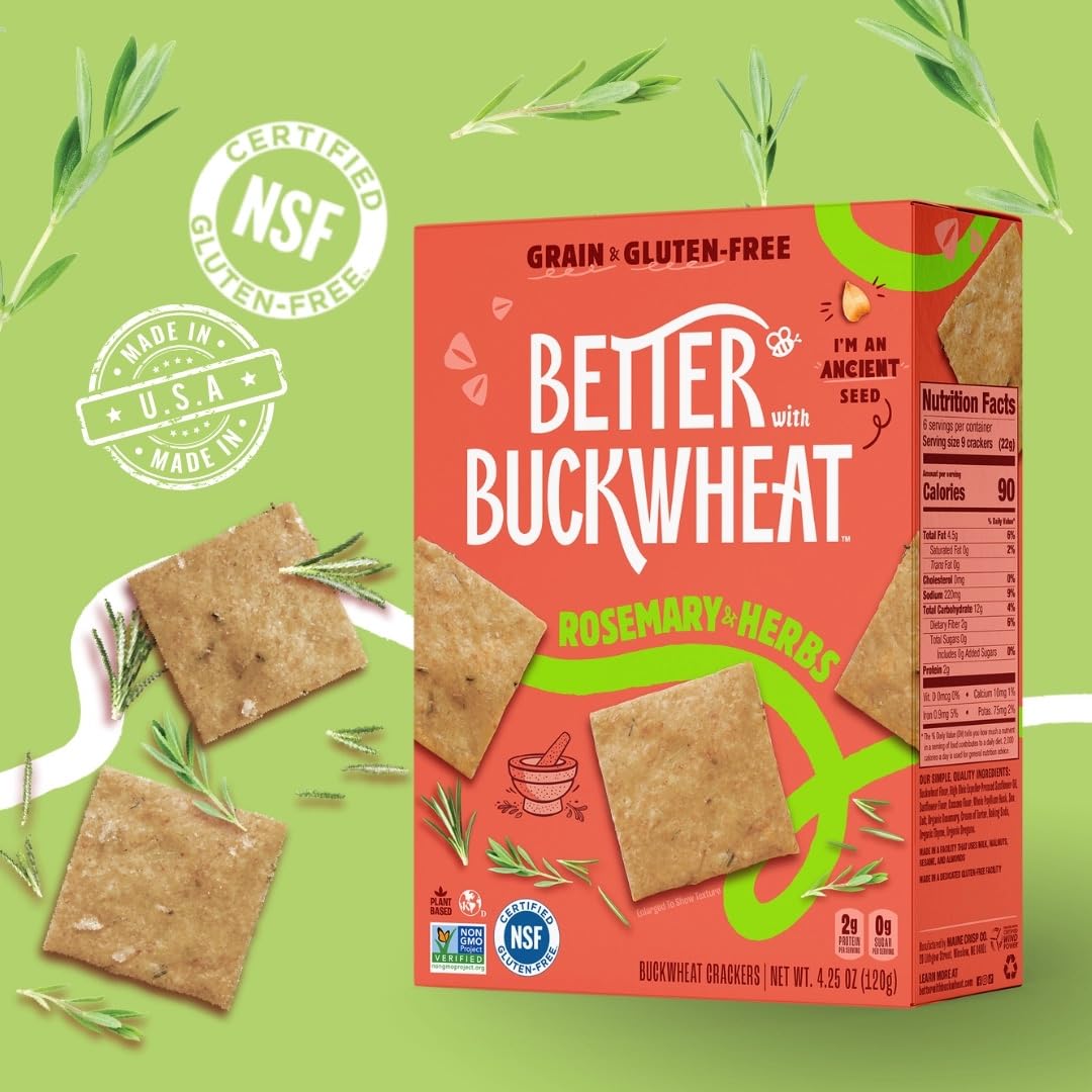 Better with Buckwheat Rosemary & Herbs Gluten-Free Crackers - Healthy Snack Crackers, Grain-Free, Non-GMO, Sugar-Free - 1 Pack