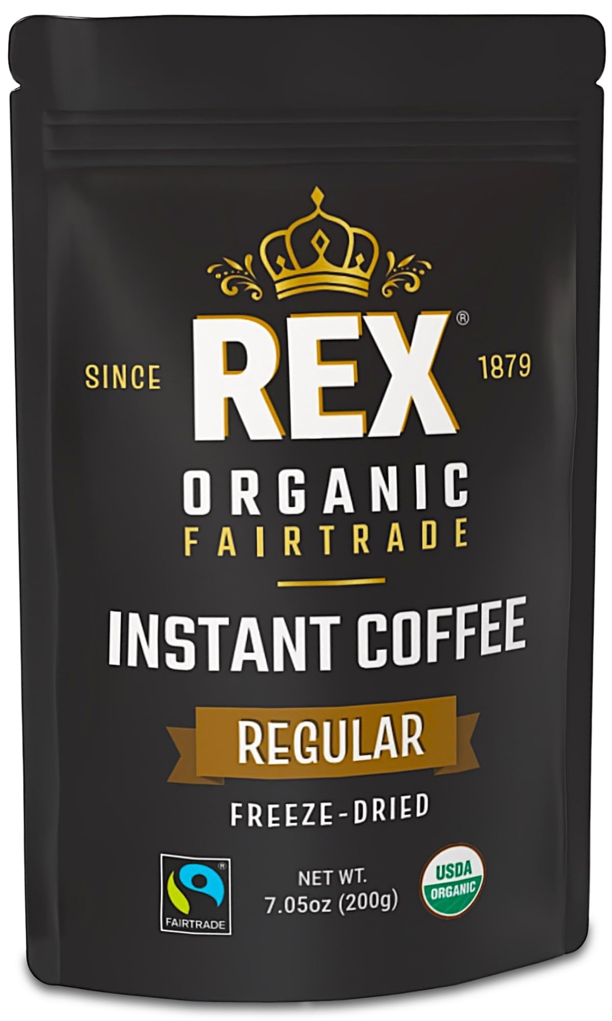 Rex Coffee Organic Fairtrade Freeze-Dried Instant Coffee - Medium Roast Arabica, 7.05 oz Resealable Pouch Bag - Lab Tested for Mold, Mycotoxins, Heavy