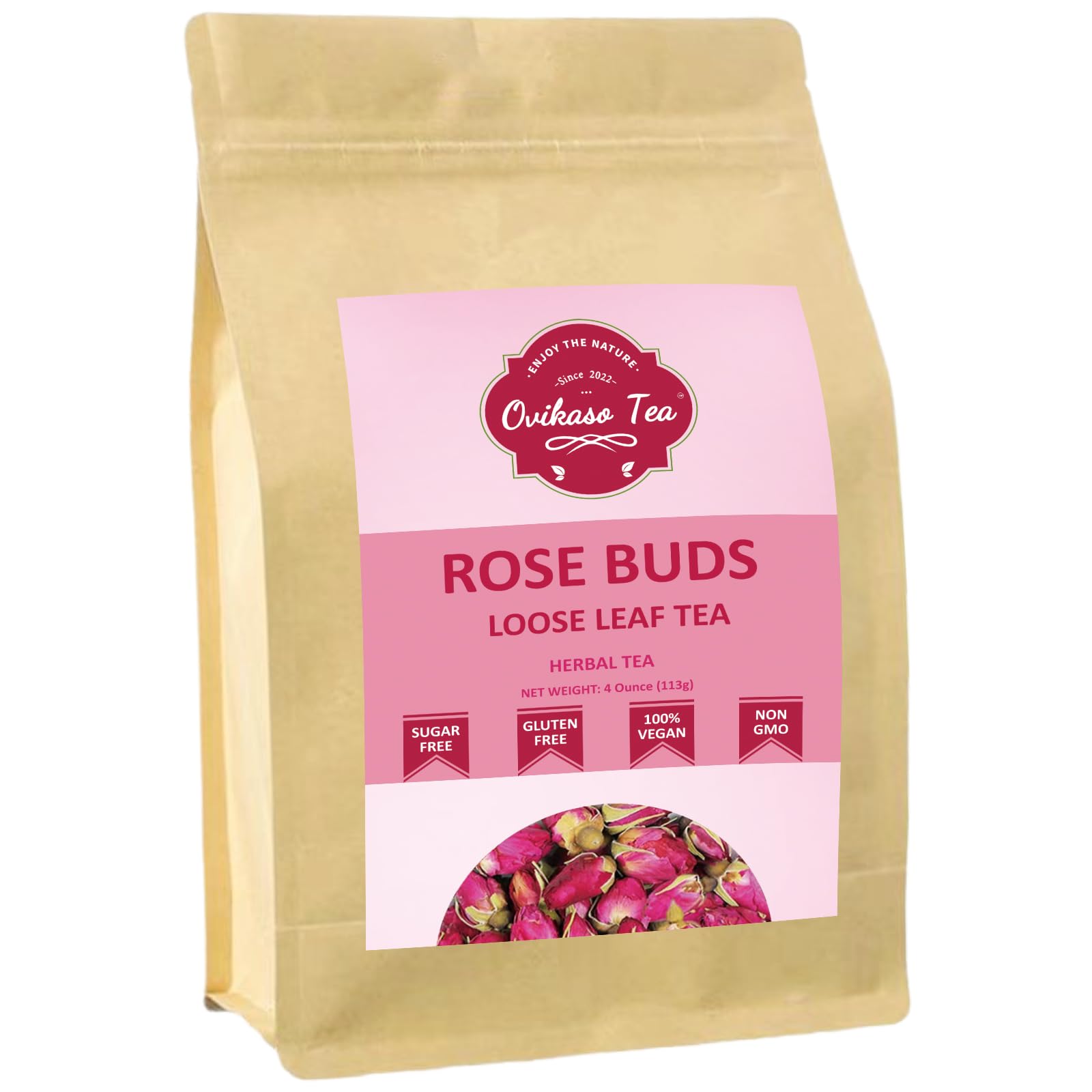 Ovikaso Tea, Dried Rose Buds, 4 oz (300+ Cups), 100% Natural, Direct From Source, Food grade, Non-GMO, No Caffeine, Use in Tea, Baking, Crafts