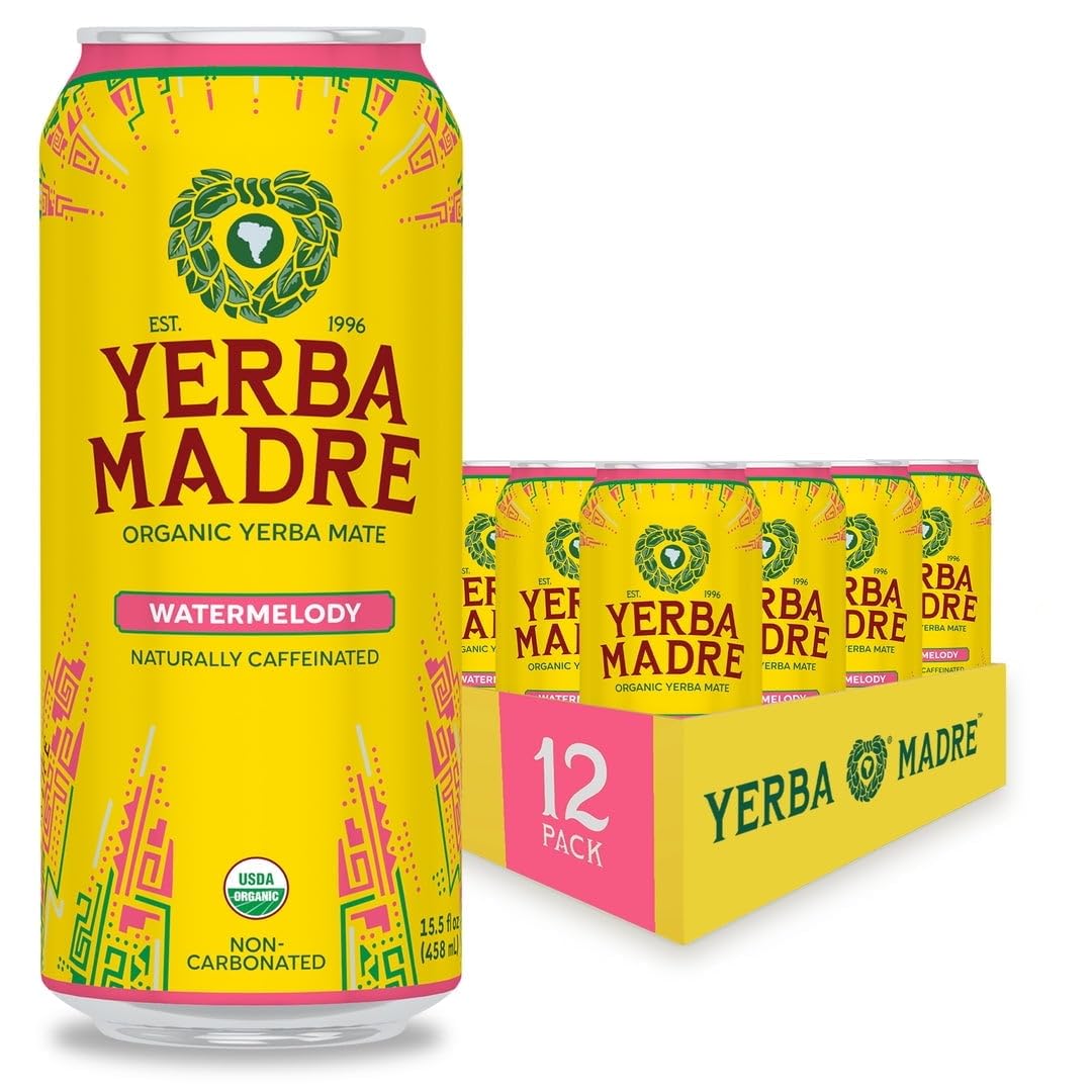 Yerba Madre Organic Yerba Mate, Energy Drink Alternative, Watermelody, 150mg Plant Based Caffeine, Smooth Energy & Focus, No Jitters or Crash, 15.5 Oz