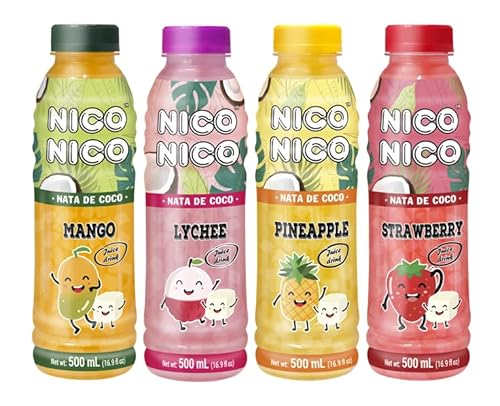 NICONICO COCONUT GEL JUICE DRINK-VARIETY PACK [16.9 fl oz, Pack of 12 (3 bottle of each Mango/Lychee/Strawberry/Pineapple)] Refreshing 30% Fruit Juice