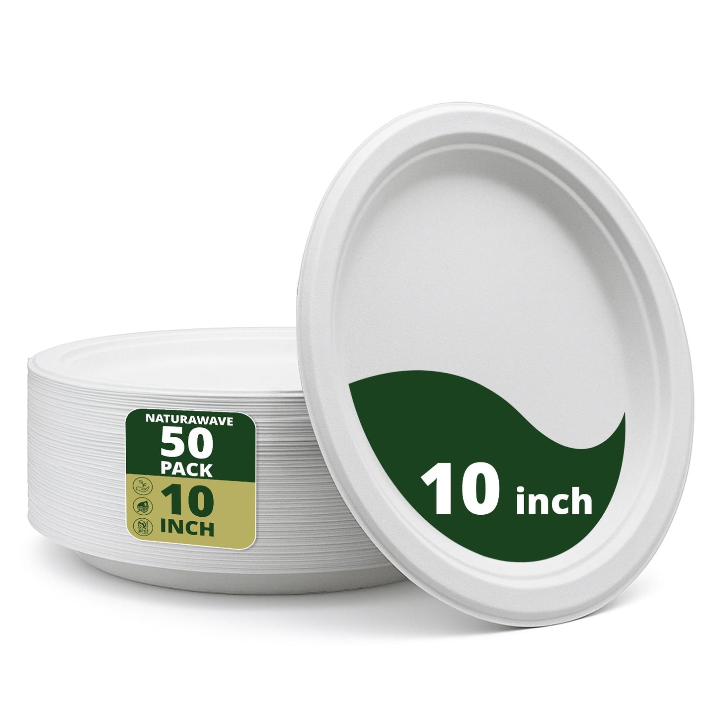 Naturawave Essentials 100% Compostable Paper Plates, Heavy Duty Disposable Plates [50-Pack] 10 Inch Plates - Eco-Friendly, Biodegradable Sugarcane